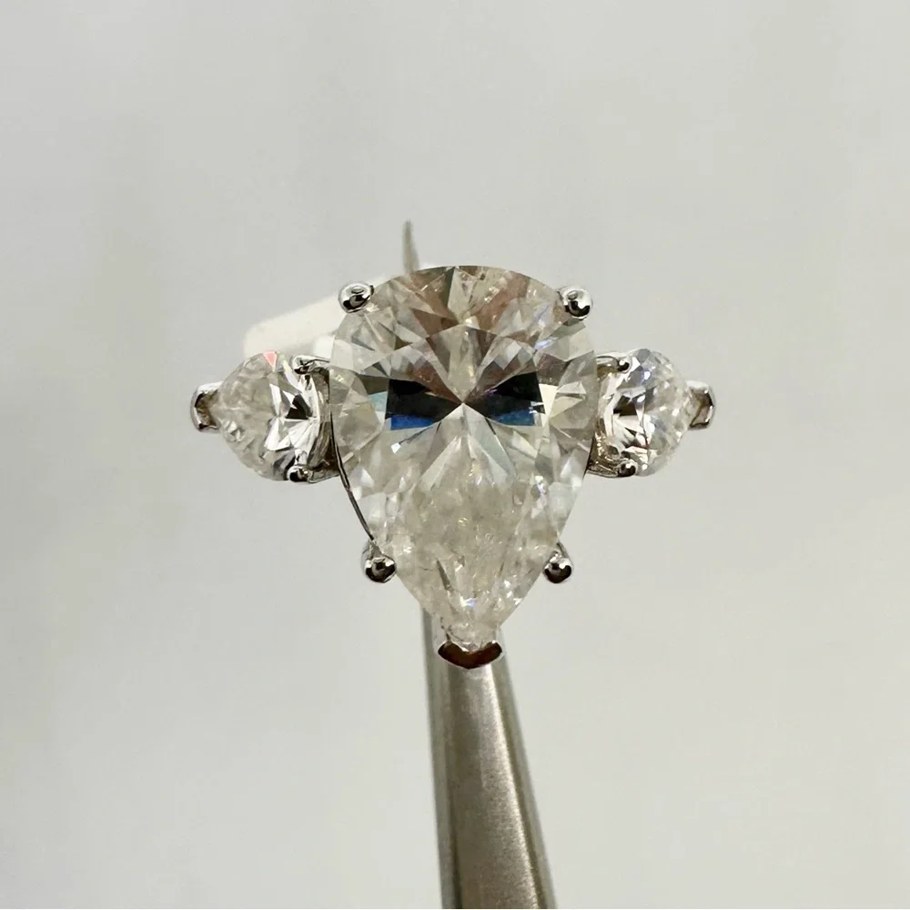 Pear Cut Moissanite 3 Stone Ring Past Present Future Trilogy Anniversary Wedding